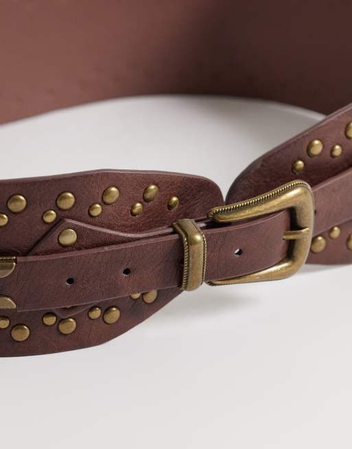 NWT South Beach Studded Wide Waist Belt Brown Gold Tone Boho Festival M/L South Beach wide studded belt in washed brown | ASOS main image 3