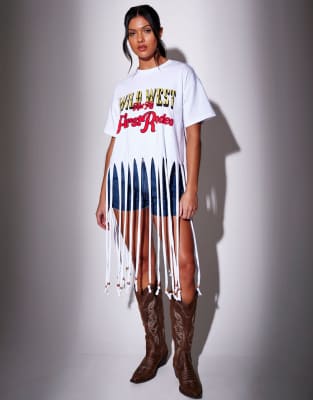 South Beach Wild West Printed Fringe Oversized T-shirt In White