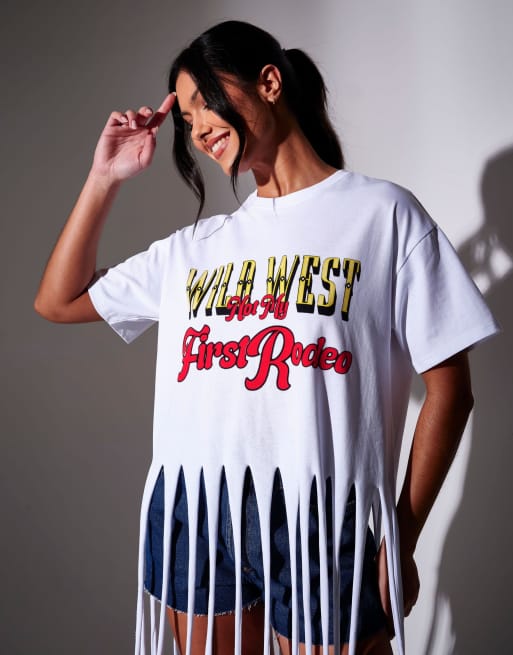South Beach Wild west printed fringe oversized t-shirt in white, 3 of 4