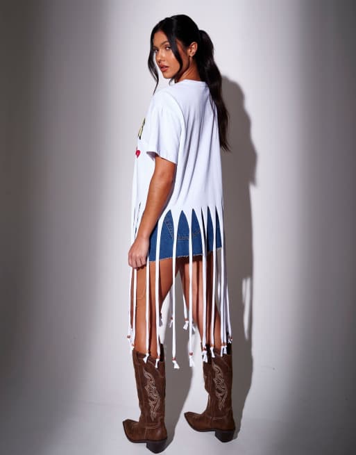 South Beach Wild west printed fringe oversized t-shirt in white, 4 of 4
