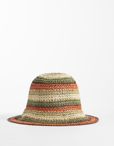 South Beach woven bucket hat in green neutral stripes - view 1