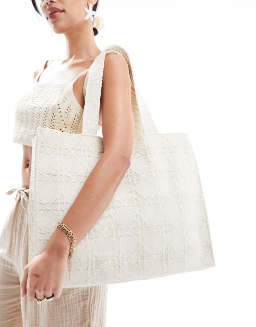 South Beach woven textured shoulder tote bag in cream , 2 of 4
