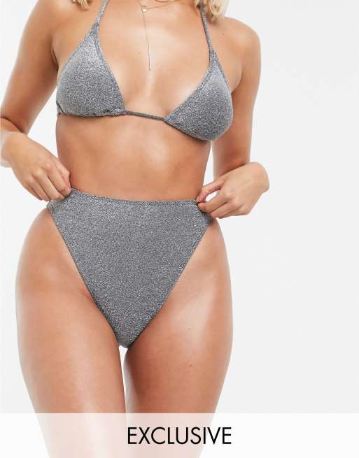 South Beach – Wysoko wycięty dół od srebrnego metalicznego bikini – tylko w ASOS