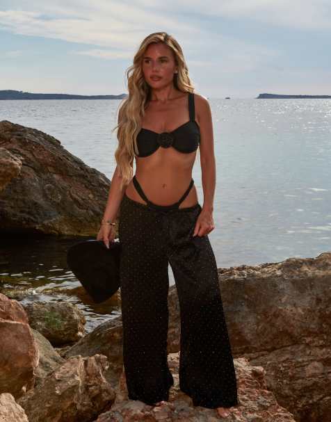 South Beach X Jasmin Green scattered silver stud beach pants in black