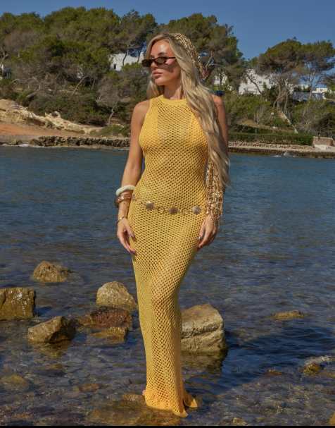 South Beach X Jasmin Green sequin crochet racer midi dress in yellow - view 1