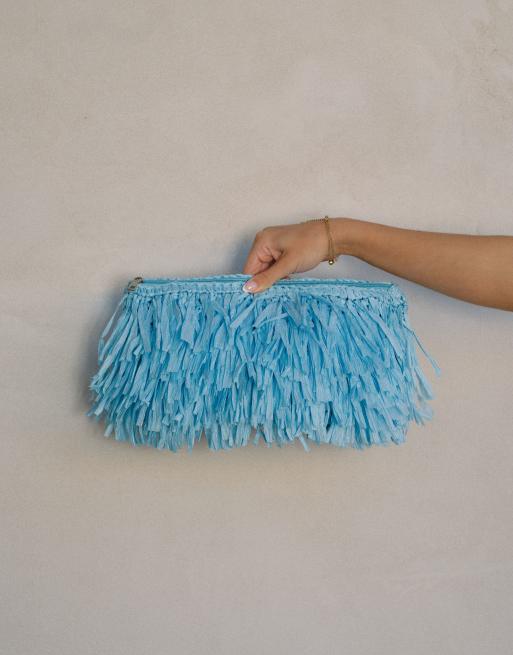 South Beach x Liv Silverman - Clutch van stro met kwastjes in turquoise, 3 van 4