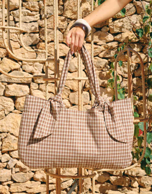South Beach x Liv Silverman gingham seersucker tote in brown | ASOS