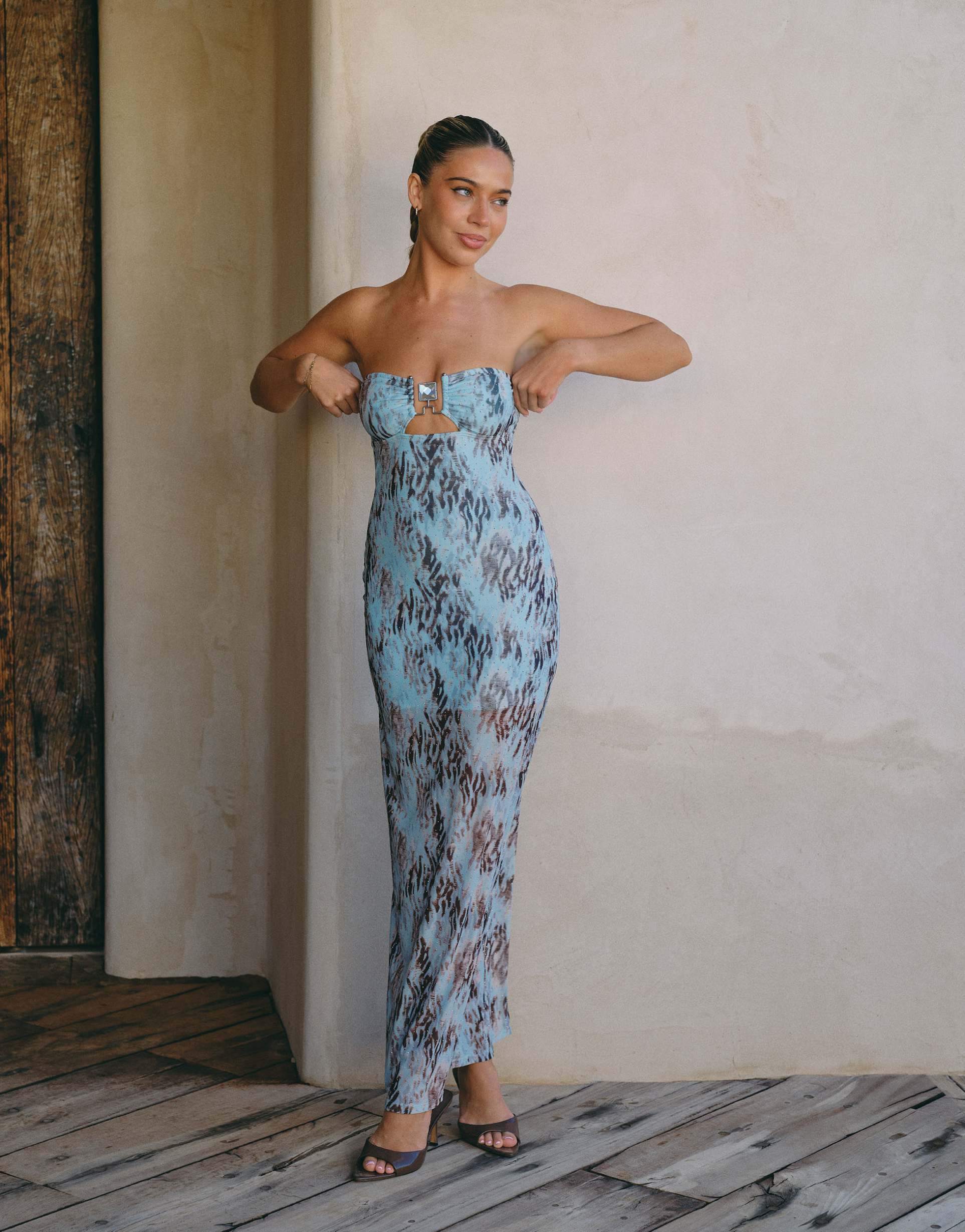 south beach x liv silverman glitter mesh maxi dress in blue multi