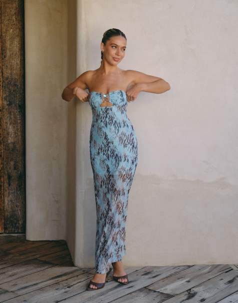 South Beach X Liv Silverman glitter mesh maxi dress in blue multi