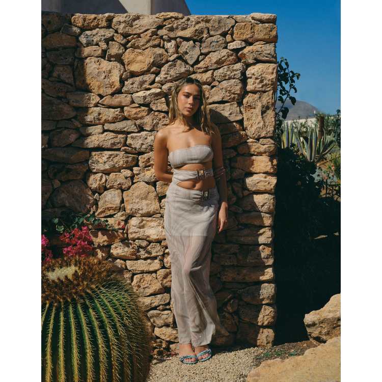 South Beach x Liv Silverman glitter mesh maxi dress with cutout detail in  silver | ASOS