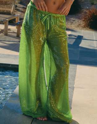 South Beach x Liv Silverman - Pailletten-Hose in Limettengrün mit weitem Bein