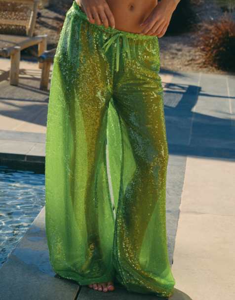 South Beach x Liv Silverman – Pailletten-Hose in Limettengrün mit weitem Bein - view 1