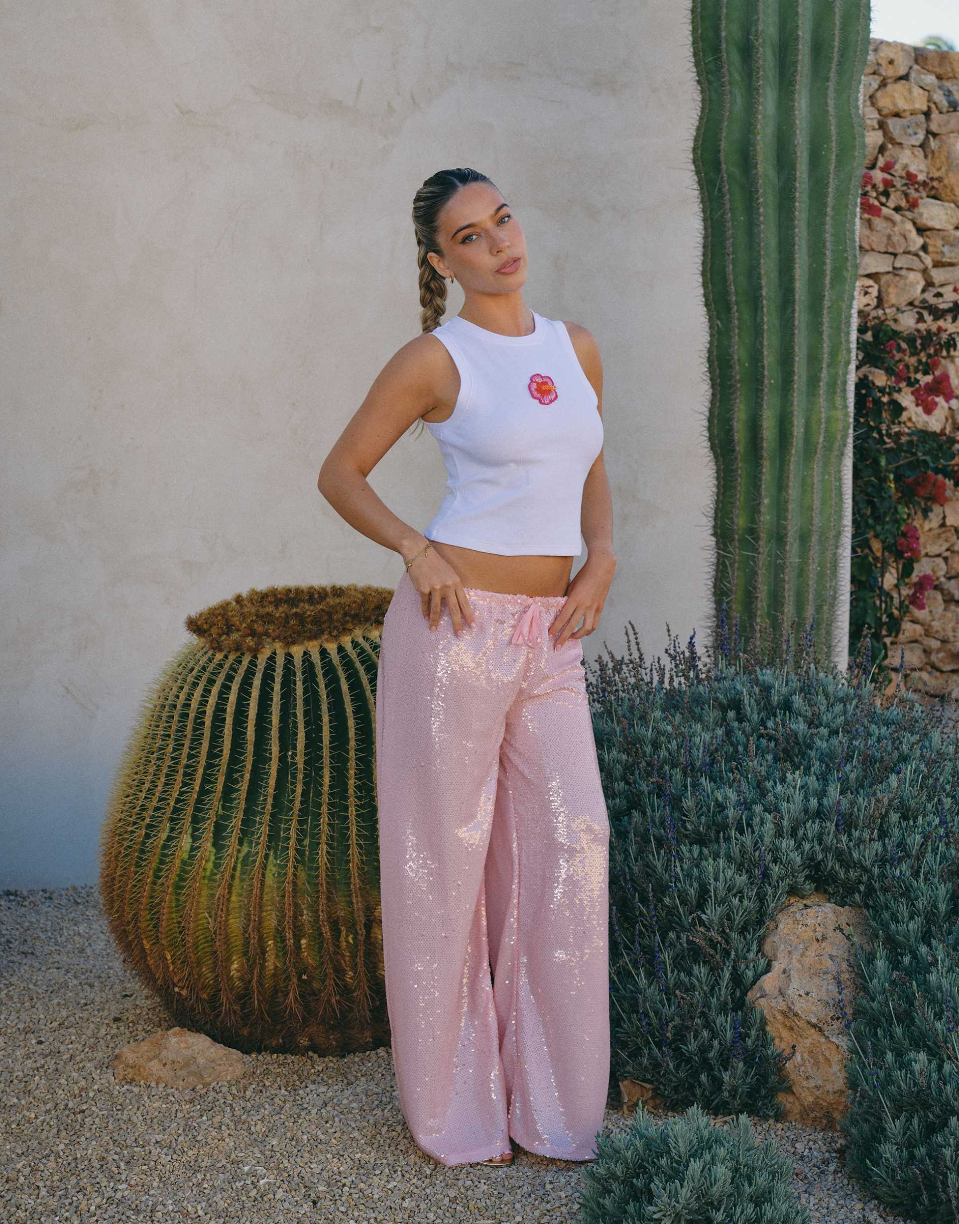 south beach x liv silverman sequin wide leg pants in pink