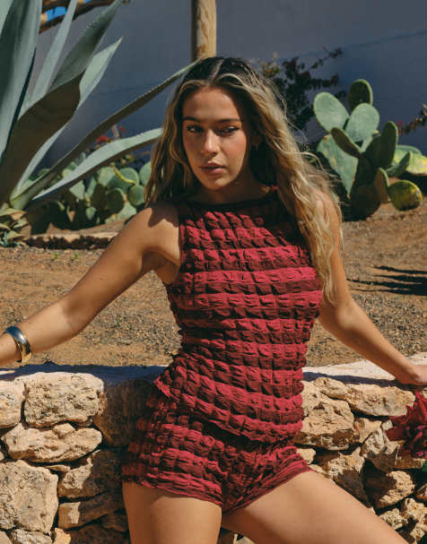 South Beach X Liv Silverman textured racer singlet in burgundy stripe - view 1