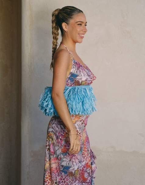 South Beach x Liv Silverman – Turkos kuvertväska i strå med fransar - view 1