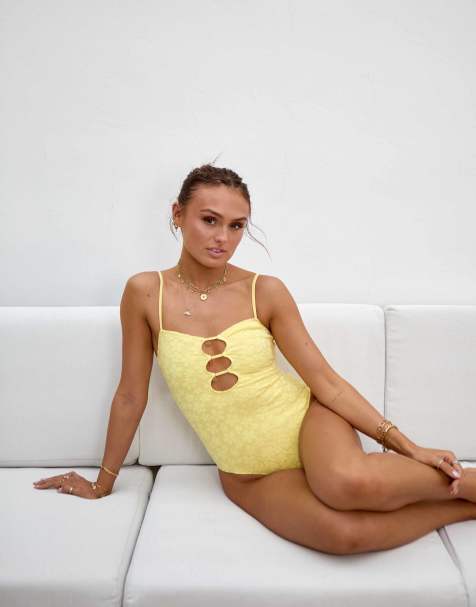 South Beach x Misha Grimes beaded floral jacquard cut-out swimsuit in yellow - view 1