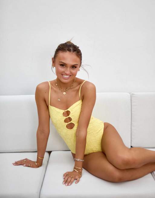 South Beach x Misha Grimes beaded floral jacquard cut-out swimsuit in yellow