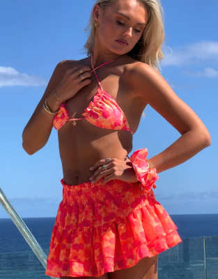 South Beach x Misha Grimes blurred floral print frill mini beach skirt in pink