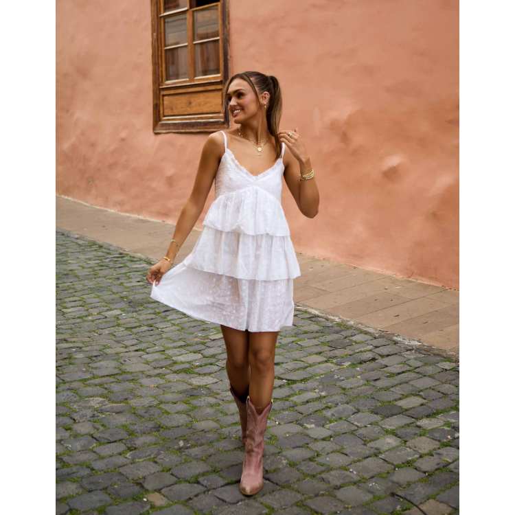 South Beach x Misha Grimes broderie tiered mini beach dress in white | ASOS