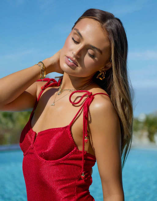 South Beach x Misha Grimes crinkle underwire swimsuit in cherry red, 3 of 4