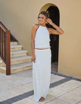 South Beach x Misha Grimes - Geraffter gestufter Maxi-Strandrock in Weiß, Kombiteil