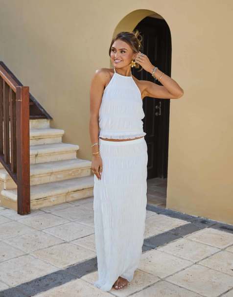 South Beach x Misha Grimes - Gerimpelde maxi strandrok met stroken in wit, deel van co-ord set - view 1