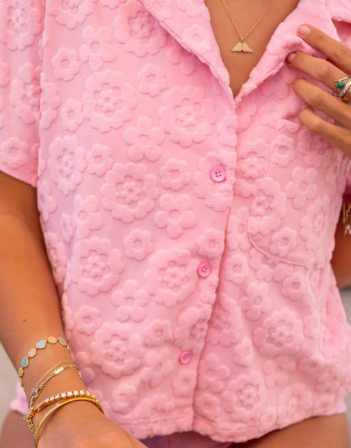 South Beach x Misha Grimes jacquard towelling beach shirt in light pink, 3 of 4
