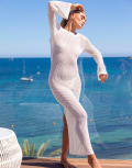 [South Beach] South Beach x Misha Grimes knit long sleeve maxi beach dress in cream-White 6 Cream