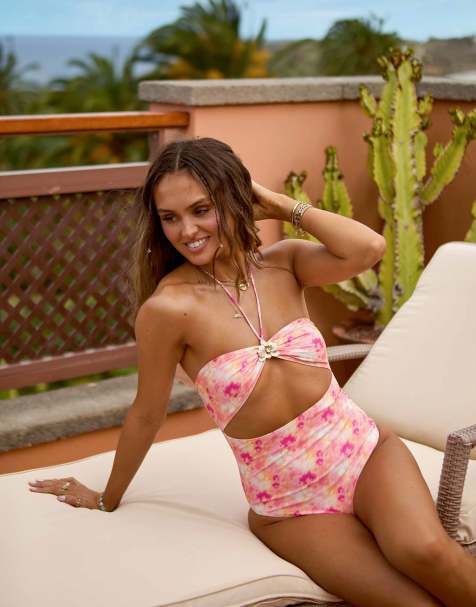 South Beach x Misha Grimes – Kolorowy strój kąpielowy z wycięciem i dekoltem halter w abstrakcyjny kwiatowy wzór - view 1