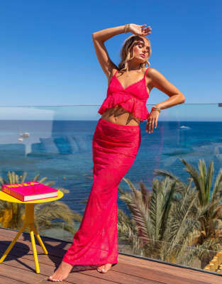 South Beach x Misha Grimes - Midi-Strandrock aus Spitze in leuchtendem Rosa