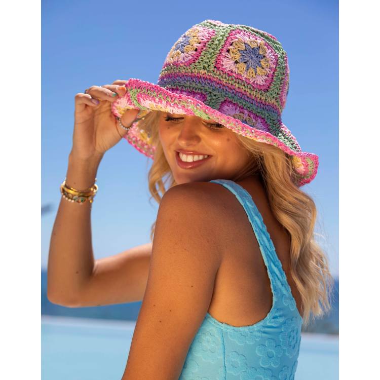 South Beach x Misha Grimes patchwork crochet bucket hat in pastel