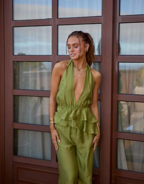South Beach x Misha Grimes - Strandtop met halternek en ruches in groen, deel van co-ord set - view 1