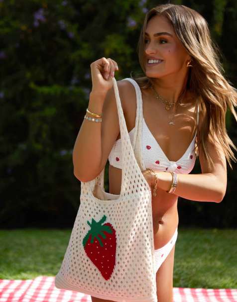 South Beach x Misha Grimes strawberry embroidered crochet shopper tote bag in multi - view 1