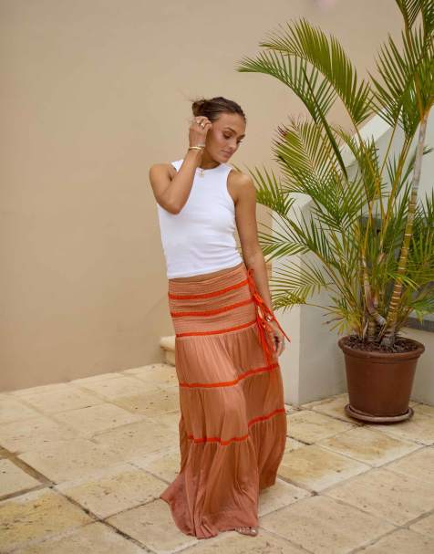 South Beach x Misha Grimes tiered contrast maxi beach skirt in orange