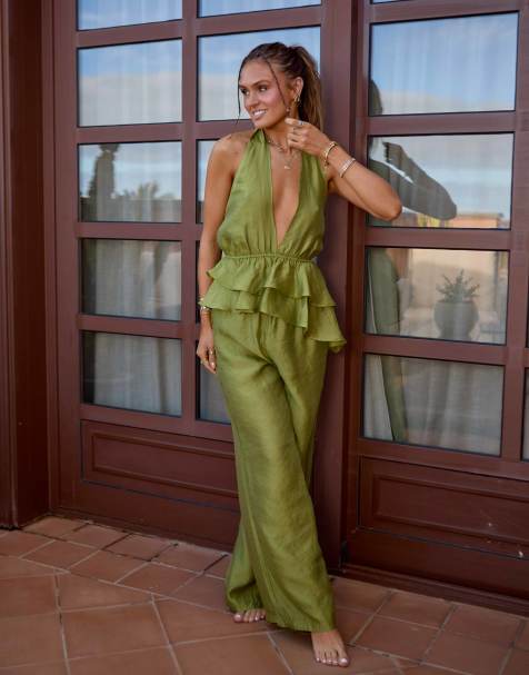 South Beach x Misha Grimes loose fit beach trouser co-ord in green