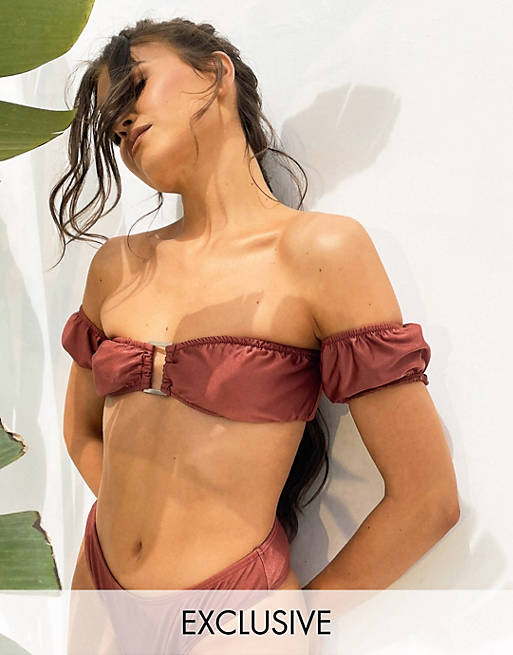 South Beach X Natalya Wright Exclusive cold shoulder sleeve bikini top in brown