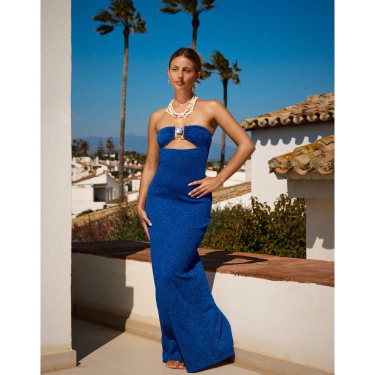cobalt blue beach dress South X Sasha Corte-T bandeau maxi beach in The tiered cotton silhouette Color:Blue Sophia Midi Dress in lowinventory