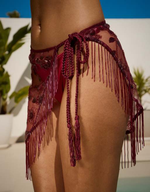 South Beach X Sasha Corte-T floral beaded mini sarong in burgundy, 3 of 5