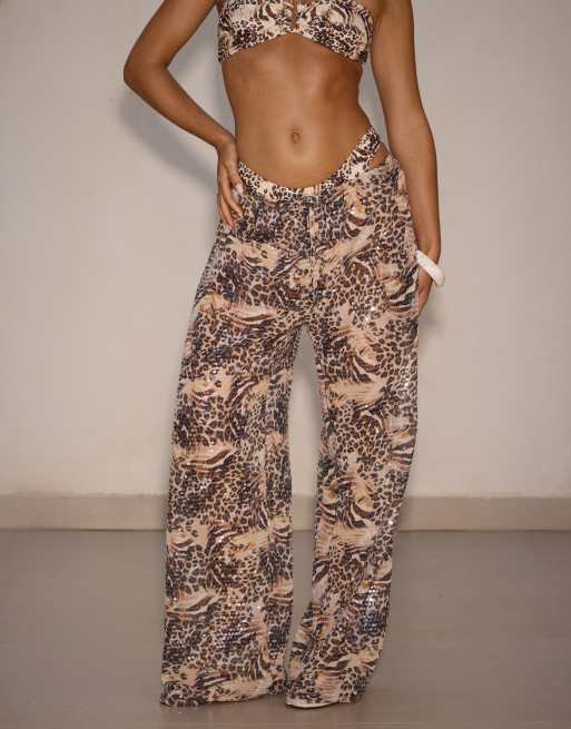 South Beach X Sasha Corte-T wide leg sequin beach pants in leopard print, 4 of 5