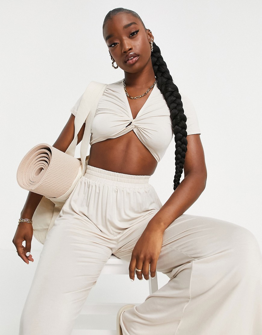South Beach yoga knot front short sleeve crop top in off-white