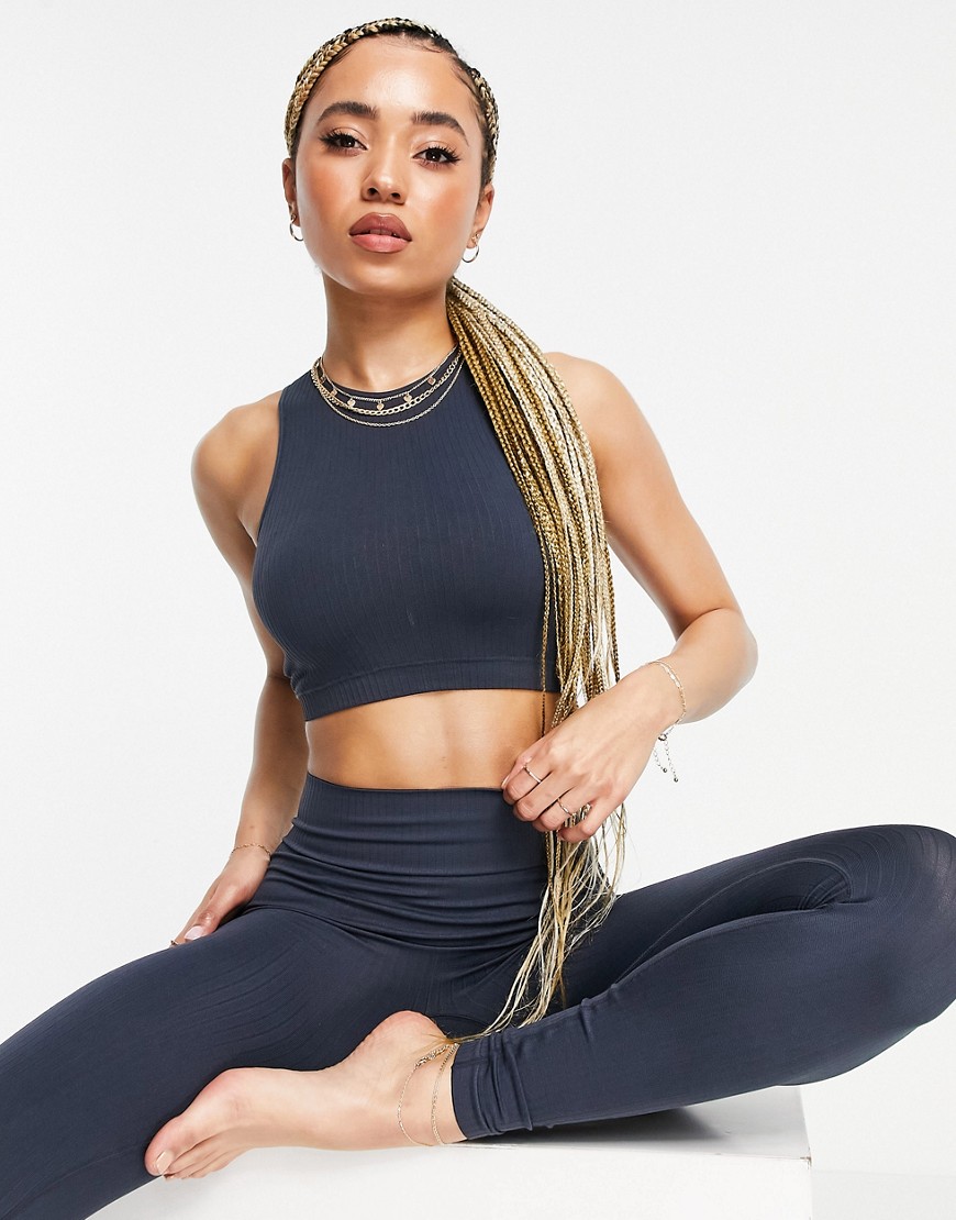 South Beach Yoga seamless high neck cropped top in gray-Grey