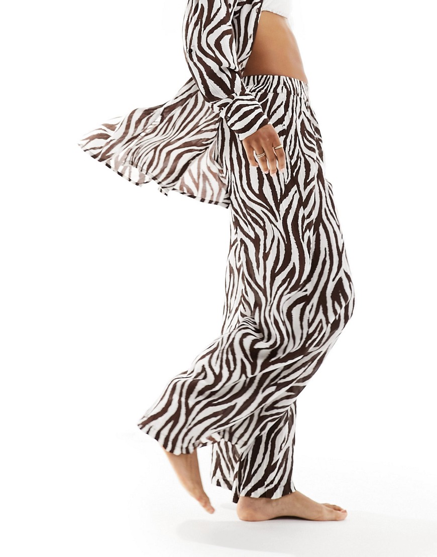 South Beach zebra print beach trouser co-ord in brown