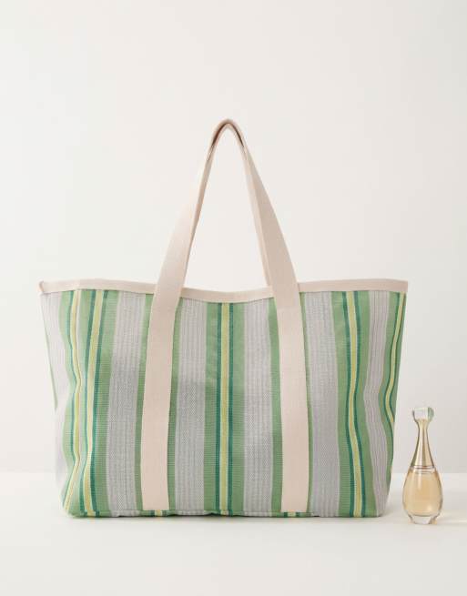 South Beach – Zielona torba plażowa typu tote w paski, 8 z 8