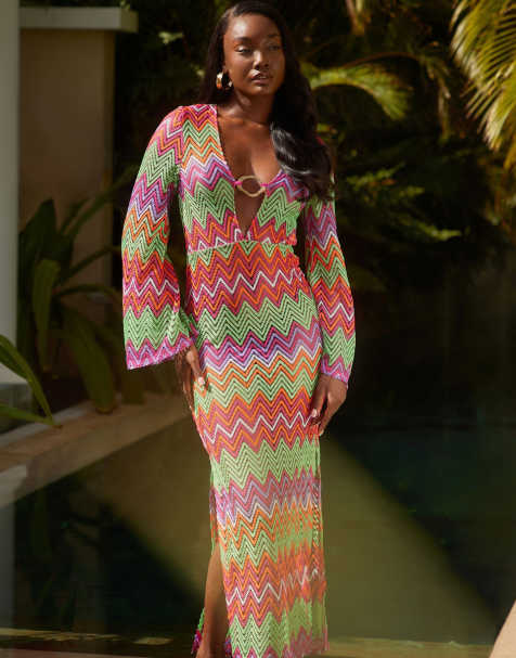 South Beach zigzag crochet maxi beach dress with ring detail in multi - view 1