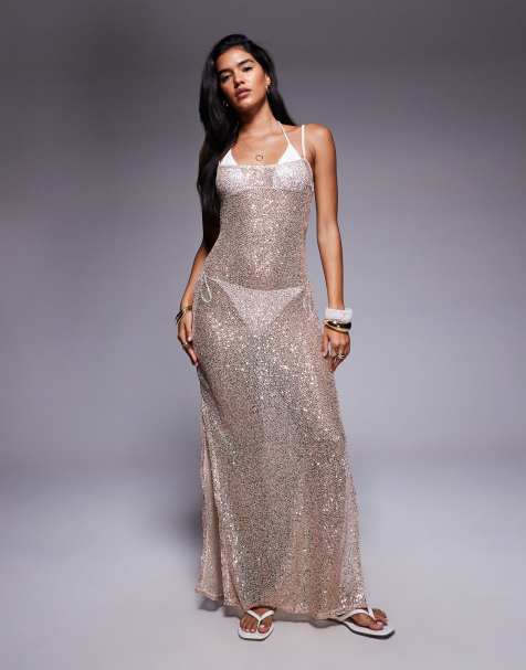 South Beach sequin gold maxi beach dress in gold