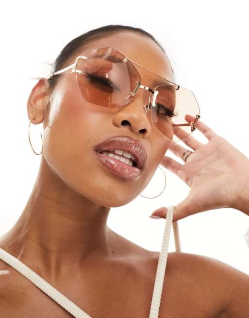 South Beach – Złote sześciokątne okulary przeciwsłoneczne typu aviator w metalowych oprawkach 
