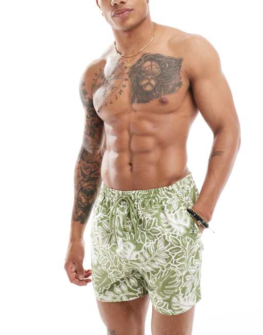 South Beach - Zwemshort met bladprint in olijfgroen