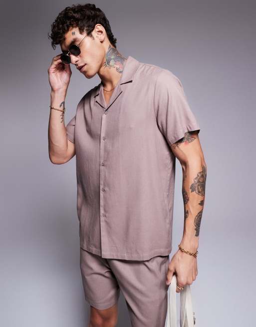 Southbeach - Camicia da spiaggia a maniche corte in misto lino talpa in coordinato