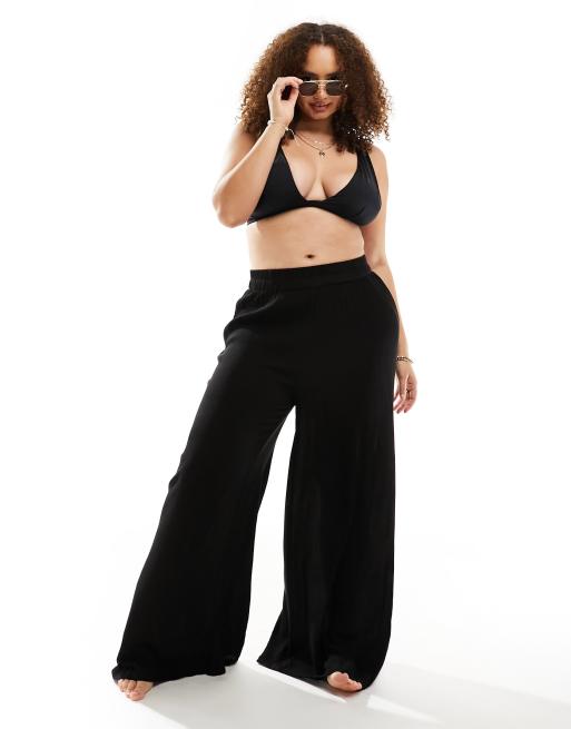 Plus Size Black Wide Leg Trousers Elasticated Waistband With