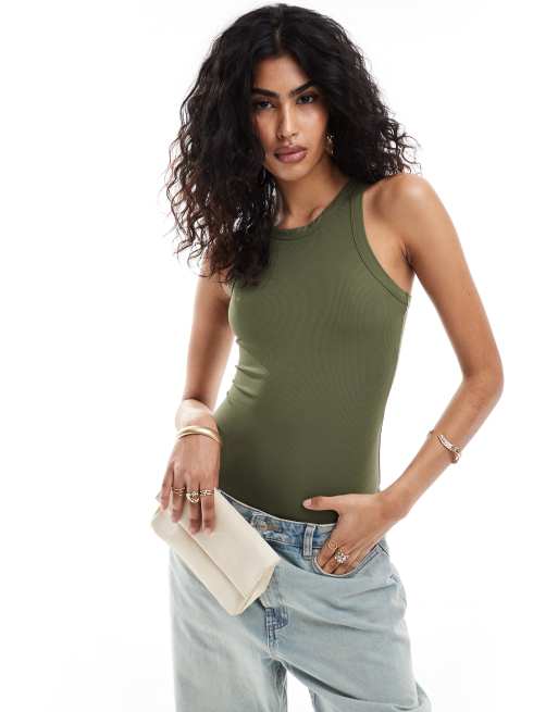 Spanx - Body verde scuro a coste con scollo a vogatore